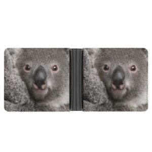 Grey Real Koala Bear Head PU Leather Bifold Wallet Coin Purse Soft Stylish Credit Pass Case Card-Holder for Boy Girl Men Woman Money Storage