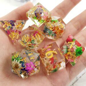 AHDKEJG DND Dice Set D&D Dungeons and Dragons RPG MTG D20 Polyhedral Pathfinder Role Playing D and D Table Games Accessories Resin Dice with Sharp Edges Gift Storage Bag- Flower