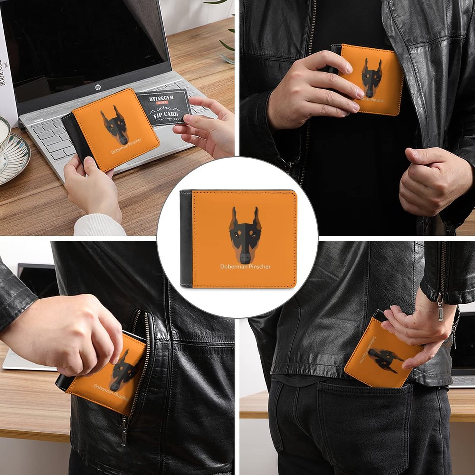 Doberman Pinscher Dog On Orange PU Leather Bifold Wallet Coin Purse Soft Stylish Credit Pass Case Card-Holder for Boy Girl Men Woman Money Storage