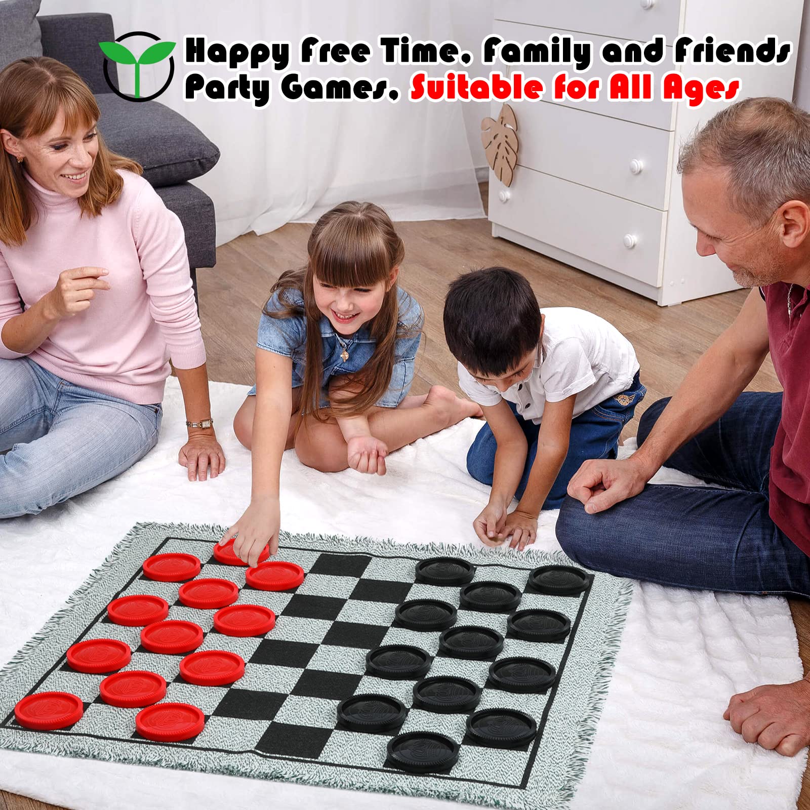 Giant Checkers Board Game Set,3 in 1 Tic Tac Toe Board Draughts Reversible Rug Game for Kids & Adults, Big Checker Floor Game Mat,Indoor Outdoor Yard Game for Family Camping Party