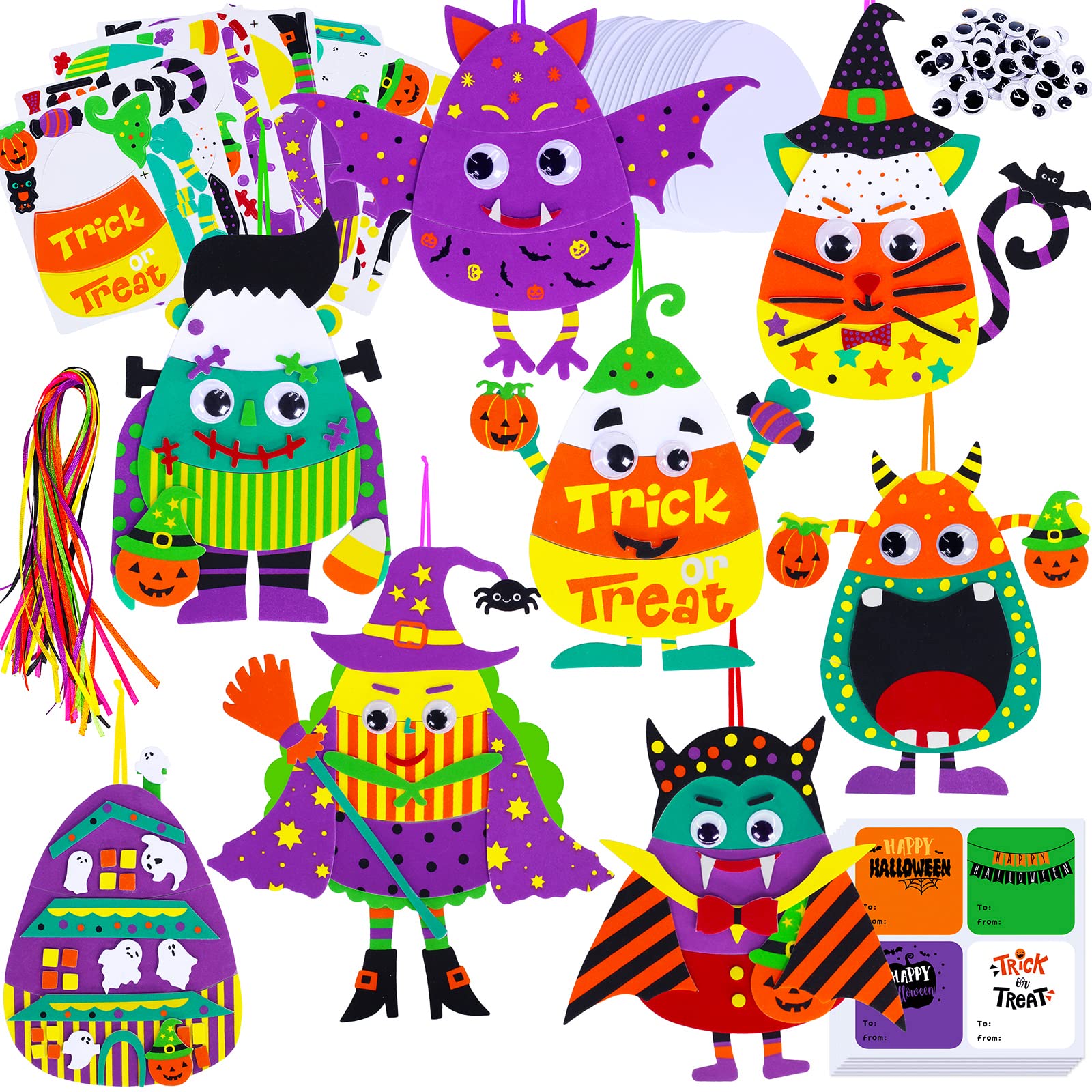 Winlyn 24 Sets Halloween Crafts Kits Fall Crafts DIY Halloween Ornaments Decorations Art Sets Pumpkin Monster Jack-o'-Lantern Foam Stickers Arts and Crafts Googly Eyes for Kids Classroom Activities