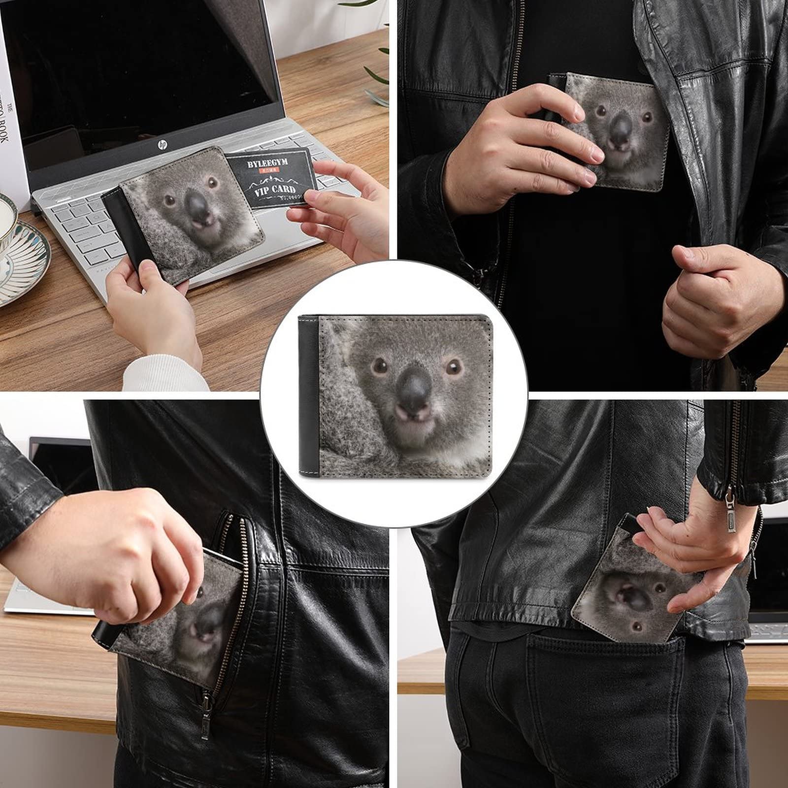 Grey Real Koala Bear Head PU Leather Bifold Wallet Coin Purse Soft Stylish Credit Pass Case Card-Holder for Boy Girl Men Woman Money Storage