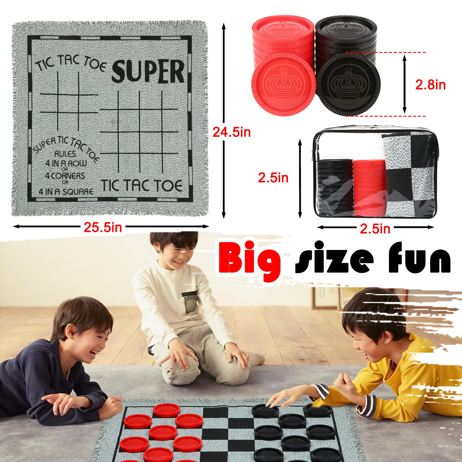 Giant Checkers Board Game Set,3 in 1 Tic Tac Toe Board Draughts Reversible Rug Game for Kids & Adults, Big Checker Floor Game Mat,Indoor Outdoor Yard Game for Family Camping Party