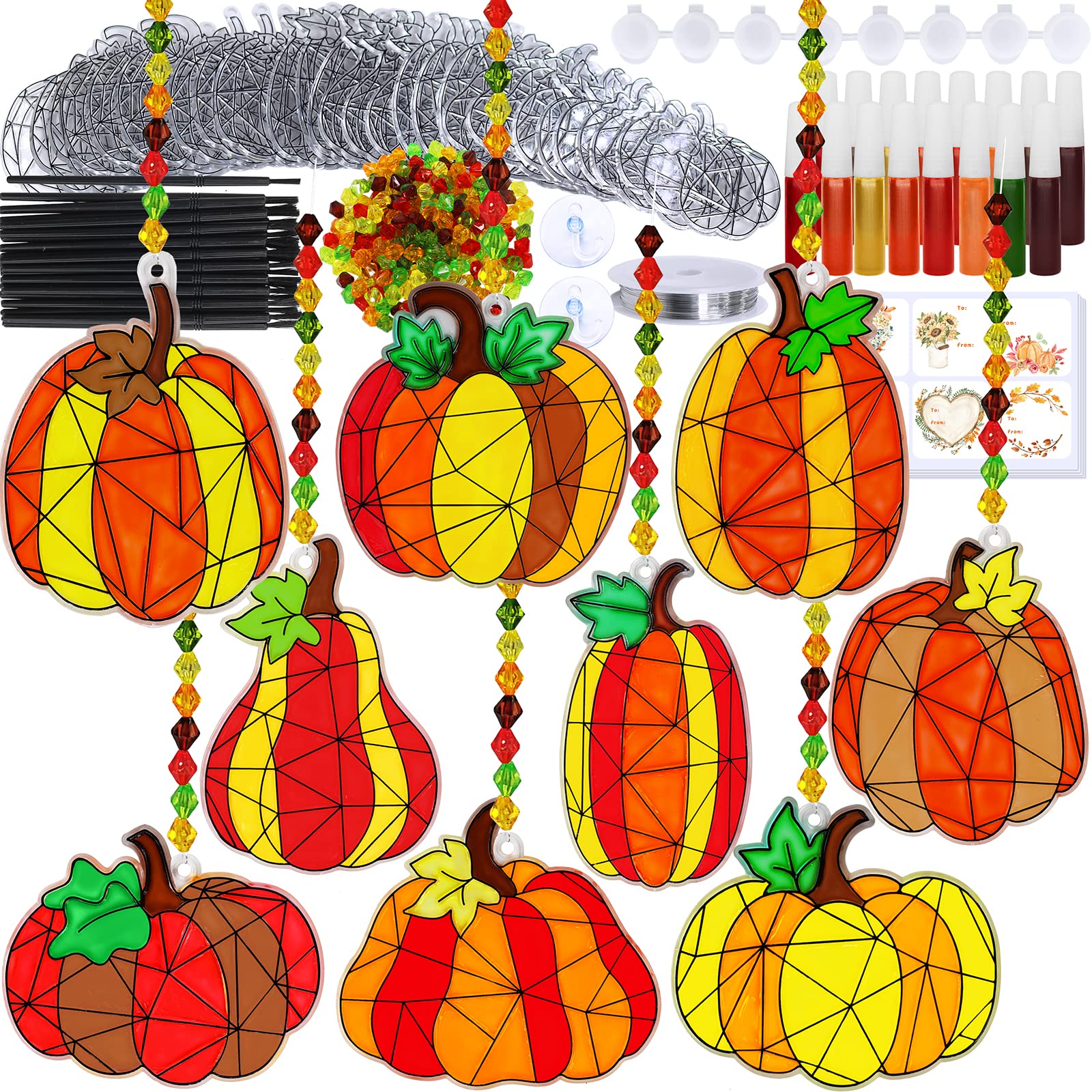 Winlyn 27 Sets Pumpkin Suncatchers DIY Window Paint Art Suncatchers Fall Pumpkin Craft Kits Autumn Pumpkin Sun Catchers for Kids Classroom Halloween Thanksgiving Art Activities