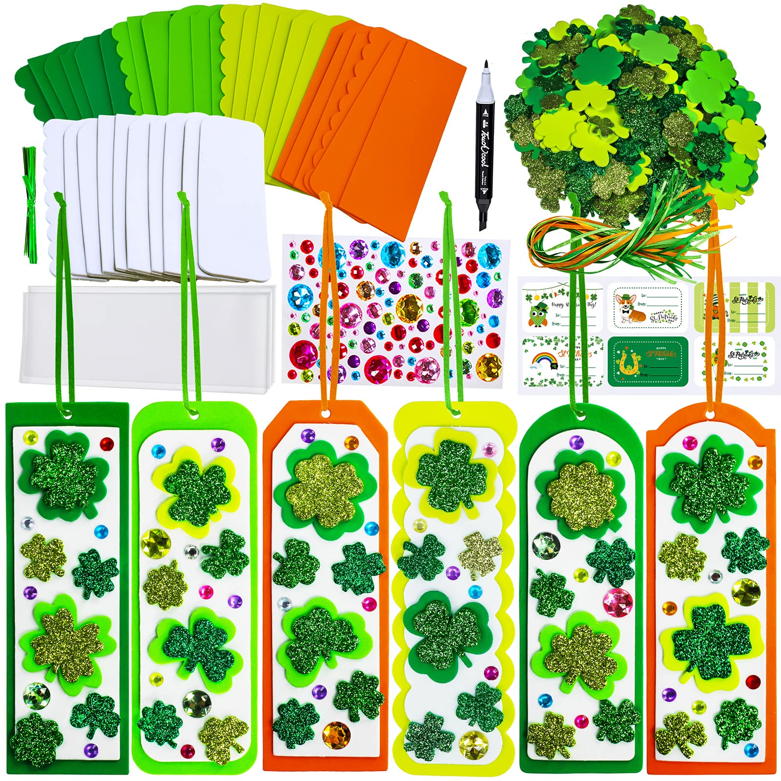 Winlyn 24 Sets St. Patrick's Day Decorations DIY 3D Shamrock Bookmark Craft Kits Blank Foam Bookmarks Lucky Shamrock Four Leaf Clover Stickers for Kids Reading Gifts Classroom Activities Art Projects