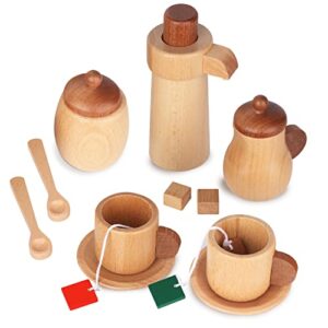 whoholl wooden tea set for little girls, natural wood toys tea party set, kids tea set for toddlers 1-3, baby play tea cup set for pretend play, play kitchen accessories with storage bag