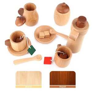 WHOHOLL Wooden Tea Set for Little Girls, Natural Wood Toys Tea Party Set, Kids Tea Set for Toddlers 1-3, Baby Play Tea Cup Set for Pretend Play, Play Kitchen Accessories with Storage Bag