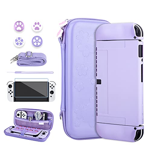 RHOTALL Solid Color with Sakura Embossing Carrying Case for Nintendo Switch OLED, Potable Case for Switch OLED with Soft Case, Screen Protector, 4 Thumb Caps, Wrist band and Shoulder strap - Purple