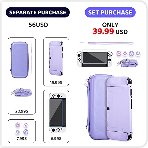 RHOTALL Solid Color with Sakura Embossing Carrying Case for Nintendo Switch OLED, Potable Case for Switch OLED with Soft Case, Screen Protector, 4 Thumb Caps, Wrist band and Shoulder strap - Purple