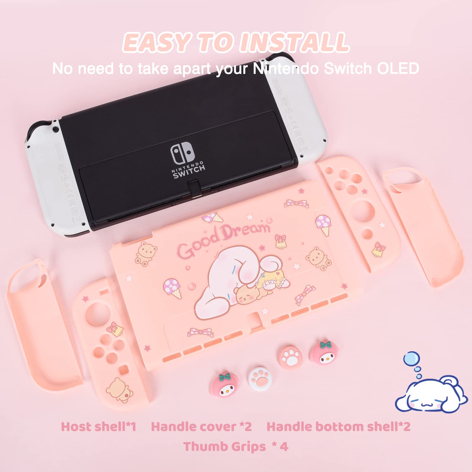 DLseego Pink Dog Switch OLED Case Dockable Protective Hard Shell Shockproof Scratch Resistant Baby Skin Touch Cover with 4PCS Cute Thumb Grips Caps