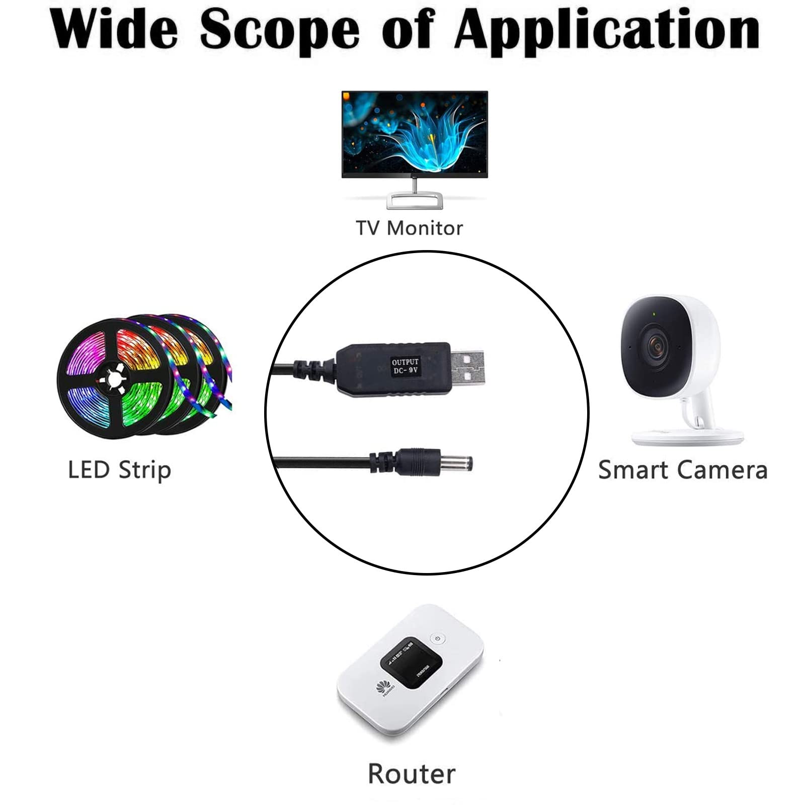 Sqrgreat USB DC 5V to DC 9V Voltage Power Supply Cable - USB to 9V Cable with DC Jack 5.5 x 2.1mm, Tip Negative(-) Design, Max DC-5V-to-9V 0