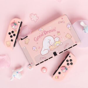 DLseego Pink Dog Switch OLED Case Dockable Protective Hard Shell Shockproof Scratch Resistant Baby Skin Touch Cover with 4PCS Cute Thumb Grips Caps