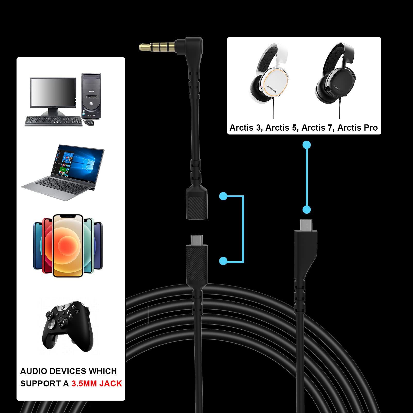 Arctis 3 Replacement Cable Cord for SteelSeries Arctis 7, Arctis 5, Arctis 3, Arctis Pro Wireless, Arctis Prime, Arctis 5, Arctis Pro+ Gaming Headset(2 in 1, 3.5mm, 4.9ft), Arctis-3/5/7