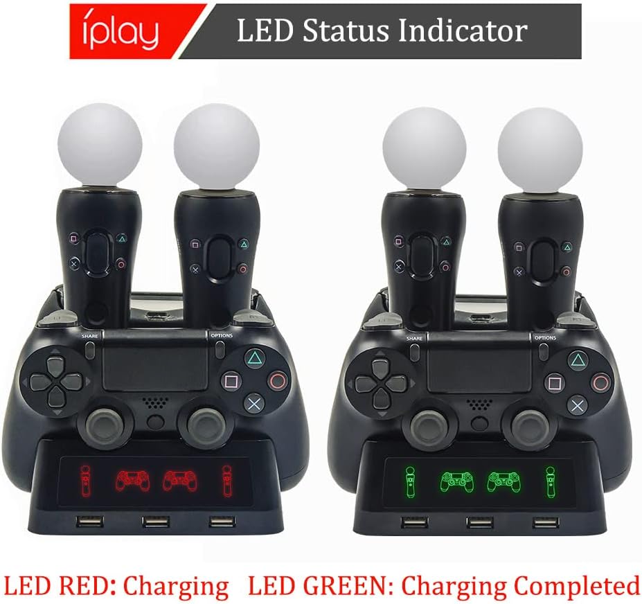 Controller Charger Charging Station Fast Charging Adapter, Multi Functional Charging Station for Sony / Move/ VR Controller with LED Indicator