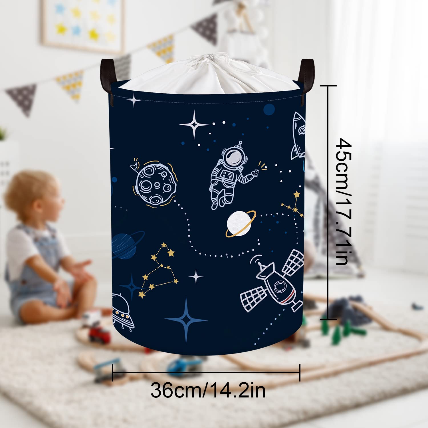 Clastyle 45L Spaceships Rocket Astronaut Nursery Hamper Outer Space Planet Clothes Toys Storage Basket with Drawstring