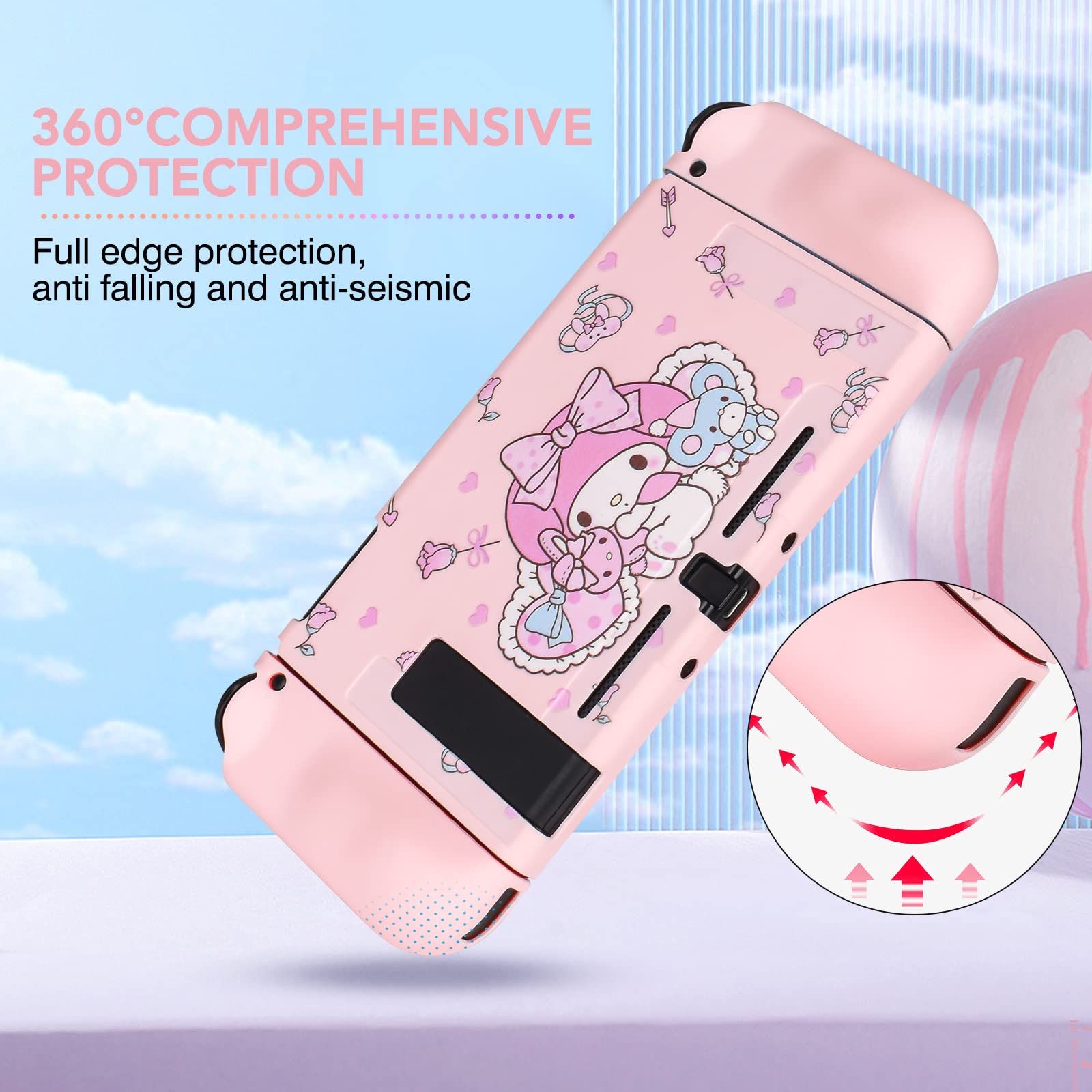 DLseego Cute Rabbit Switch Protective Case Dockable Soft Silicone Shell Shockproof Scratch Resistant Cover Joy Con Skin with 4PCS Lovely Thumb Grips Caps