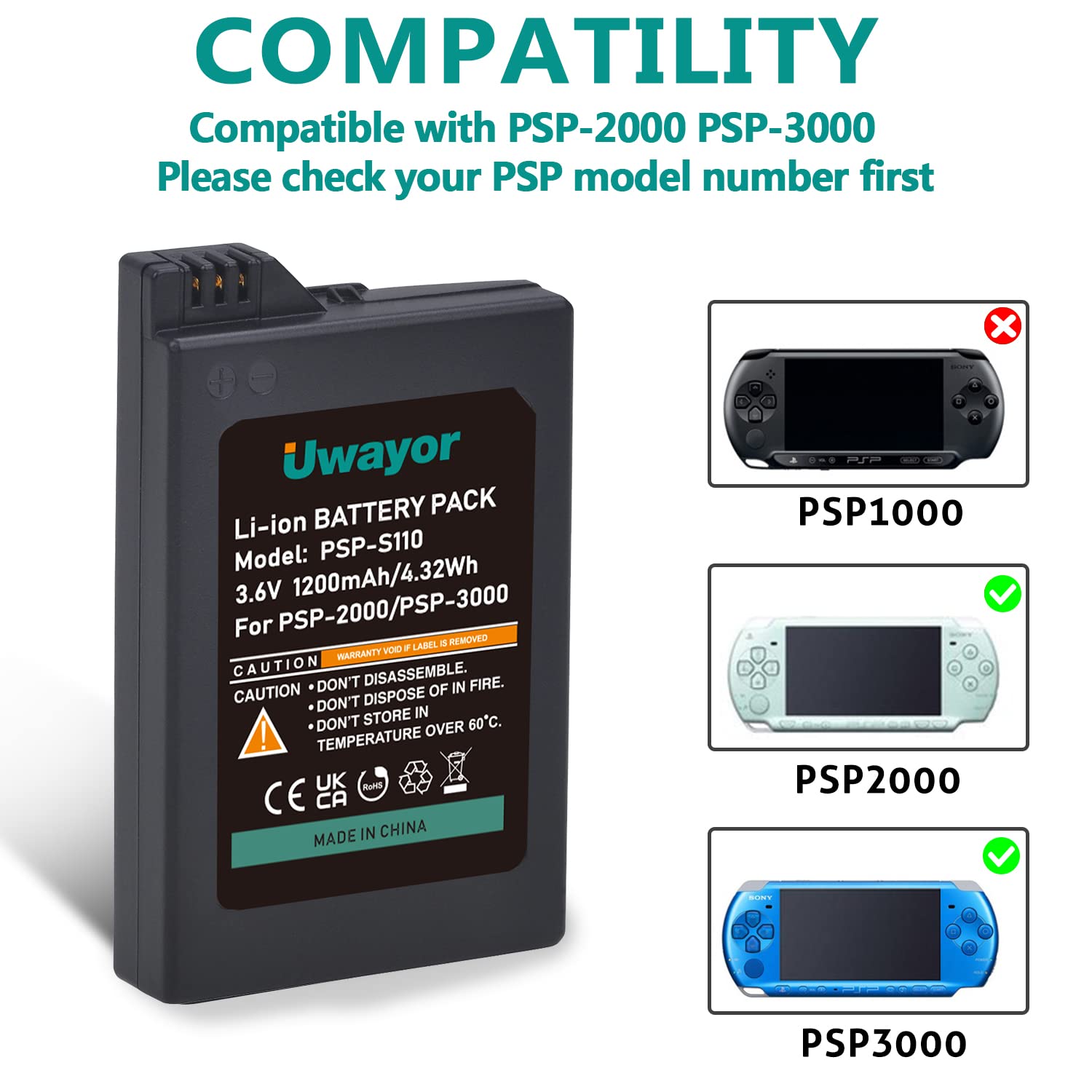 Uwayor PSP 2000 Rechargeable Battery for Sony PSP-2000 PSP-3000 PSP-S110 Console, PSP-2001, PSP-3000, PSP-3001, PSP-3002, PSP-3004 Console