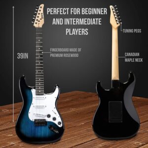 LyxPro Full Size Electric Guitar Blue with 20w Amp Package with All Accessories, Mackie Producer 2-2 Audio/Midi interface With Music Production Software Download and Professional Headphones