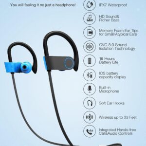 Otium Bluetooth Headphones, Wireless Earbuds IPX7 Waterproof Sports Earphones with Mic HD Stereo Sweatproof in-Ear Earbuds Gym Running Workout 15 Hours Battery Sound Isolation Headsets Blue