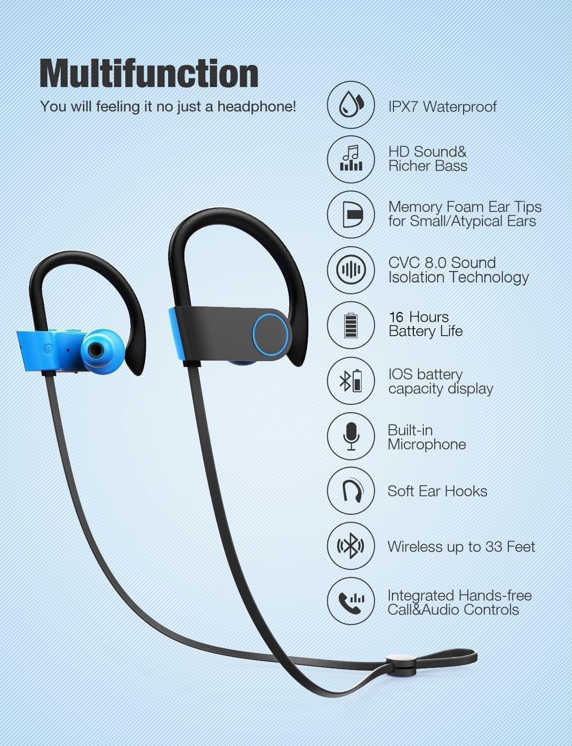 Otium Bluetooth Headphones, Wireless Earbuds IPX7 Waterproof Sports Earphones with Mic HD Stereo Sweatproof in-Ear Earbuds Gym Running Workout 15 Hours Battery Sound Isolation Headsets Blue