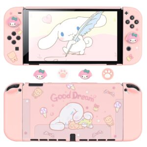 DLseego Pink Dog Switch OLED Case Dockable Protective Hard Shell Shockproof Scratch Resistant Baby Skin Touch Cover with 4PCS Cute Thumb Grips Caps