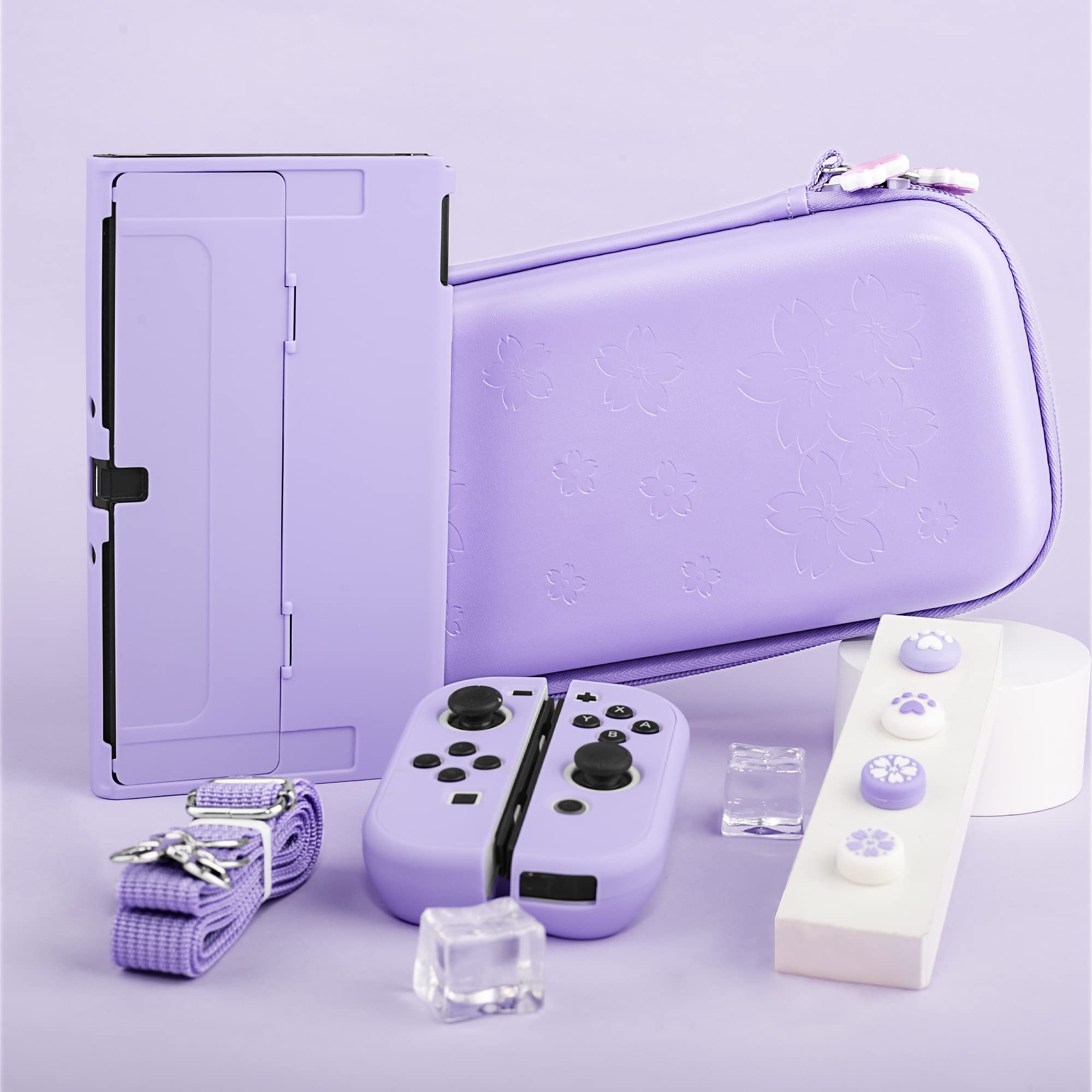 FUNDIARY Carrying Case for Nintendo Switch OLED, Cute Storage Carry Case for Switch OLED Accessories with Flip Case, Screen Protector, Adjustable Shoulder Strap, Wrist Band and 4 Thumb Caps (Purple)