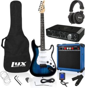 lyxpro full size electric guitar blue with 20w amp package with all accessories, mackie producer 2-2 audio/midi interface with music production software download and professional headphones