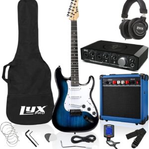 LyxPro Full Size Electric Guitar Blue with 20w Amp Package with All Accessories, Mackie Producer 2-2 Audio/Midi interface With Music Production Software Download and Professional Headphones