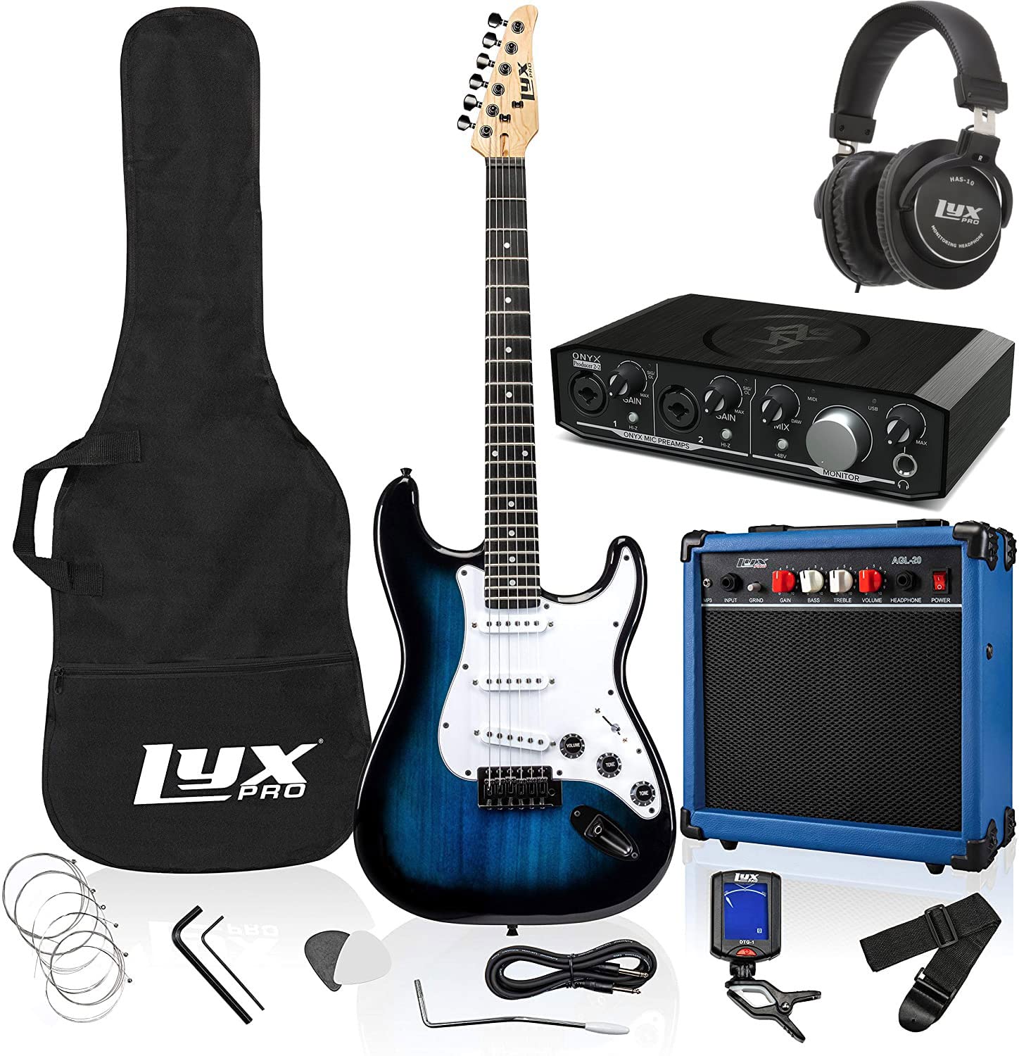 LyxPro Full Size Electric Guitar Blue with 20w Amp Package with All Accessories, Mackie Producer 2-2 Audio/Midi interface With Music Production Software Download and Professional Headphones