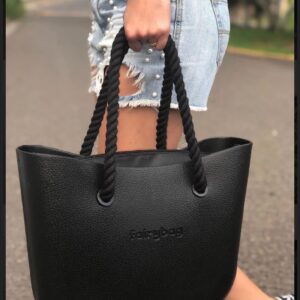 MRMIMI Rubber Tote Handbag with Rope Handles and Faux Leather Strap Lightweight Waterproof Shoulder Bag with EVA Foam Rubber (Black)