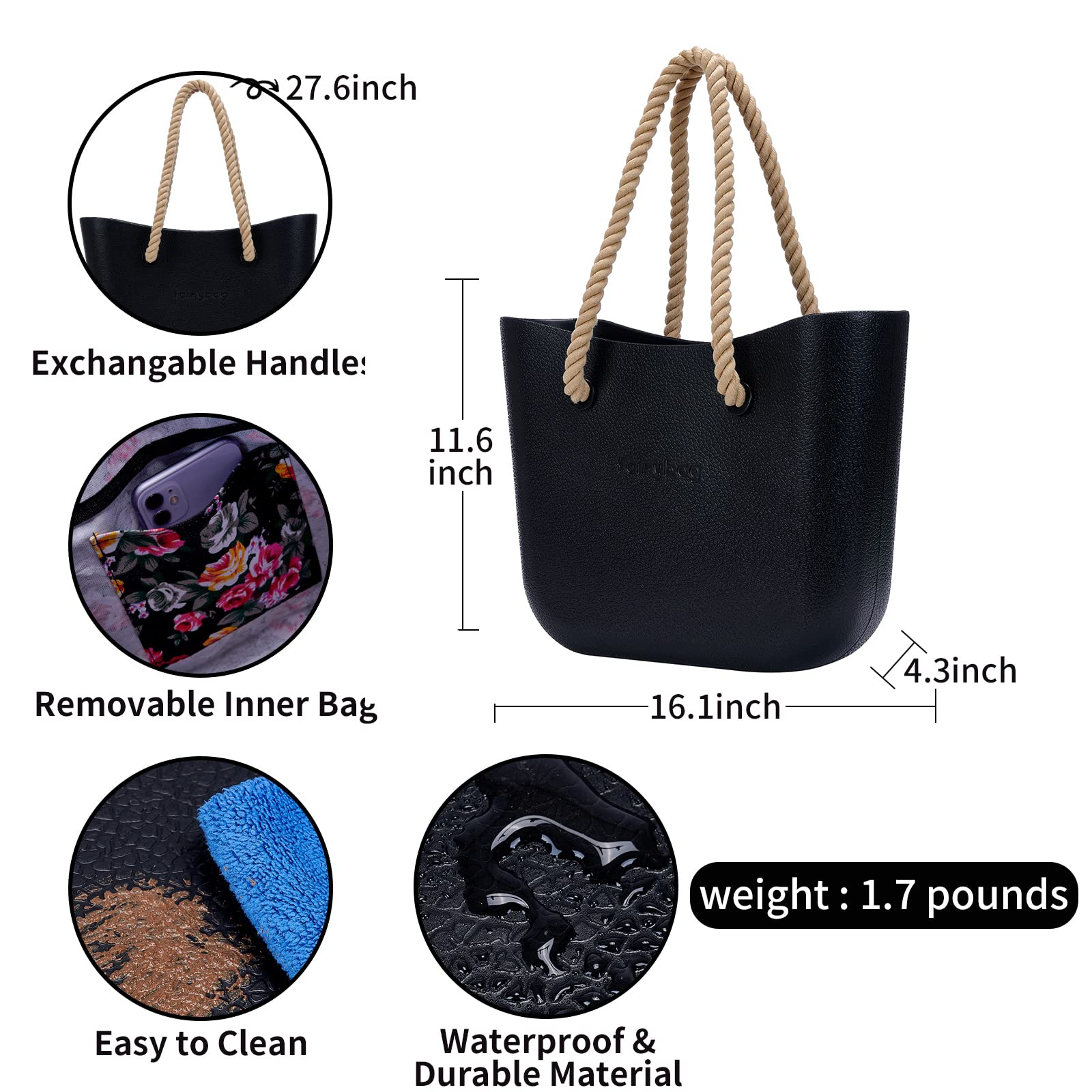 MRMIMI Rubber Tote Handbag with Rope Handles and Faux Leather Strap Lightweight Waterproof Shoulder Bag with EVA Foam Rubber (Black)