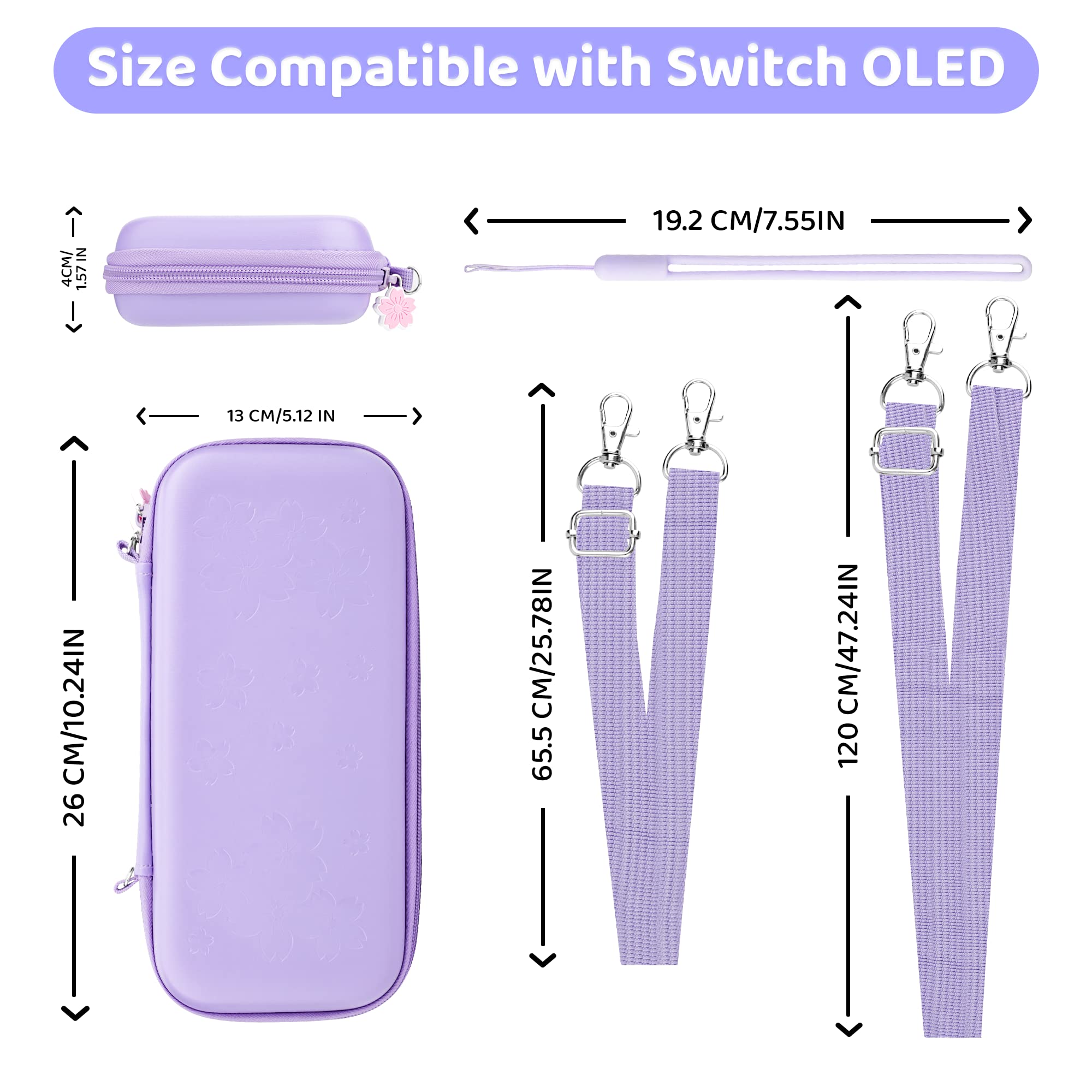 FUNDIARY Carrying Case for Nintendo Switch OLED, Cute Storage Carry Case for Switch OLED Accessories with Flip Case, Screen Protector, Adjustable Shoulder Strap, Wrist Band and 4 Thumb Caps (Purple)