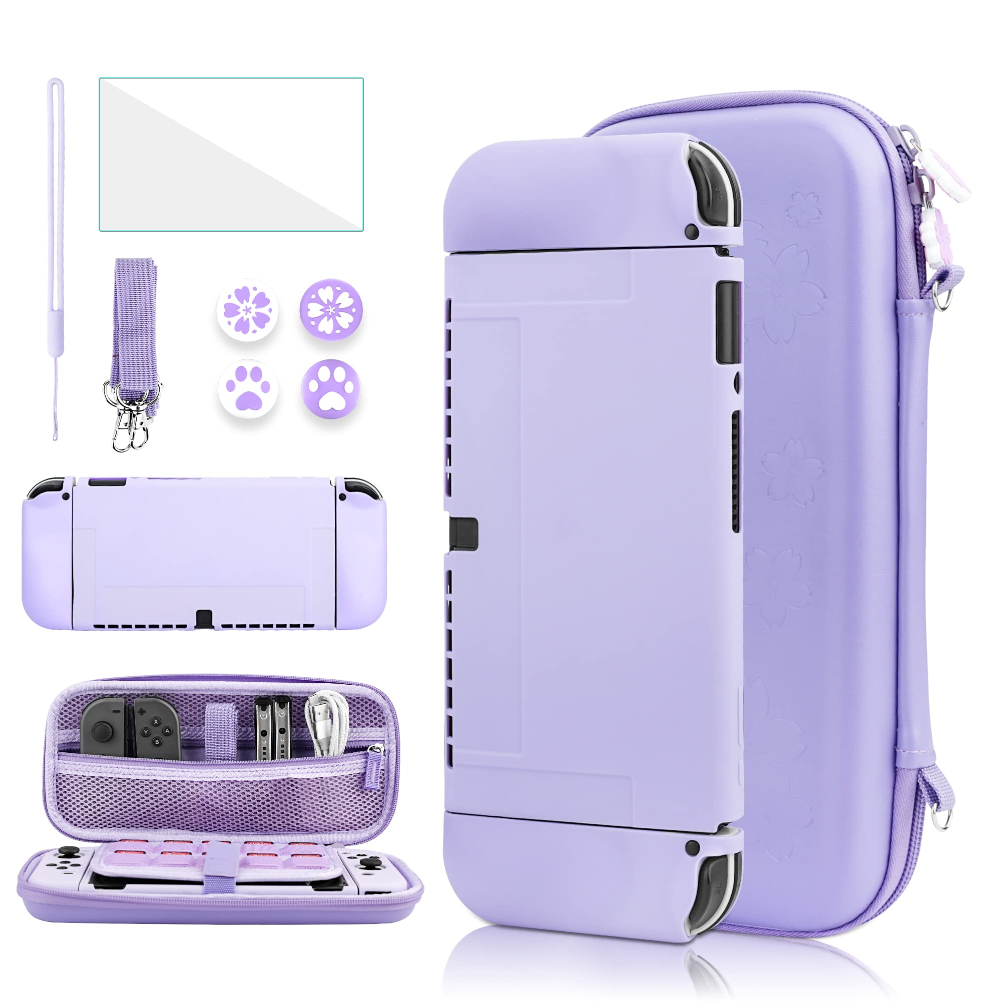 GLDRAM Purple Sakura Carrying Case for Nintendo Switch OLED Console & J-Con, 9 in 1 Accessories Bundle for Girls with Portable PU Travel Case & Silicon Switch OLED Protective Skin Cover