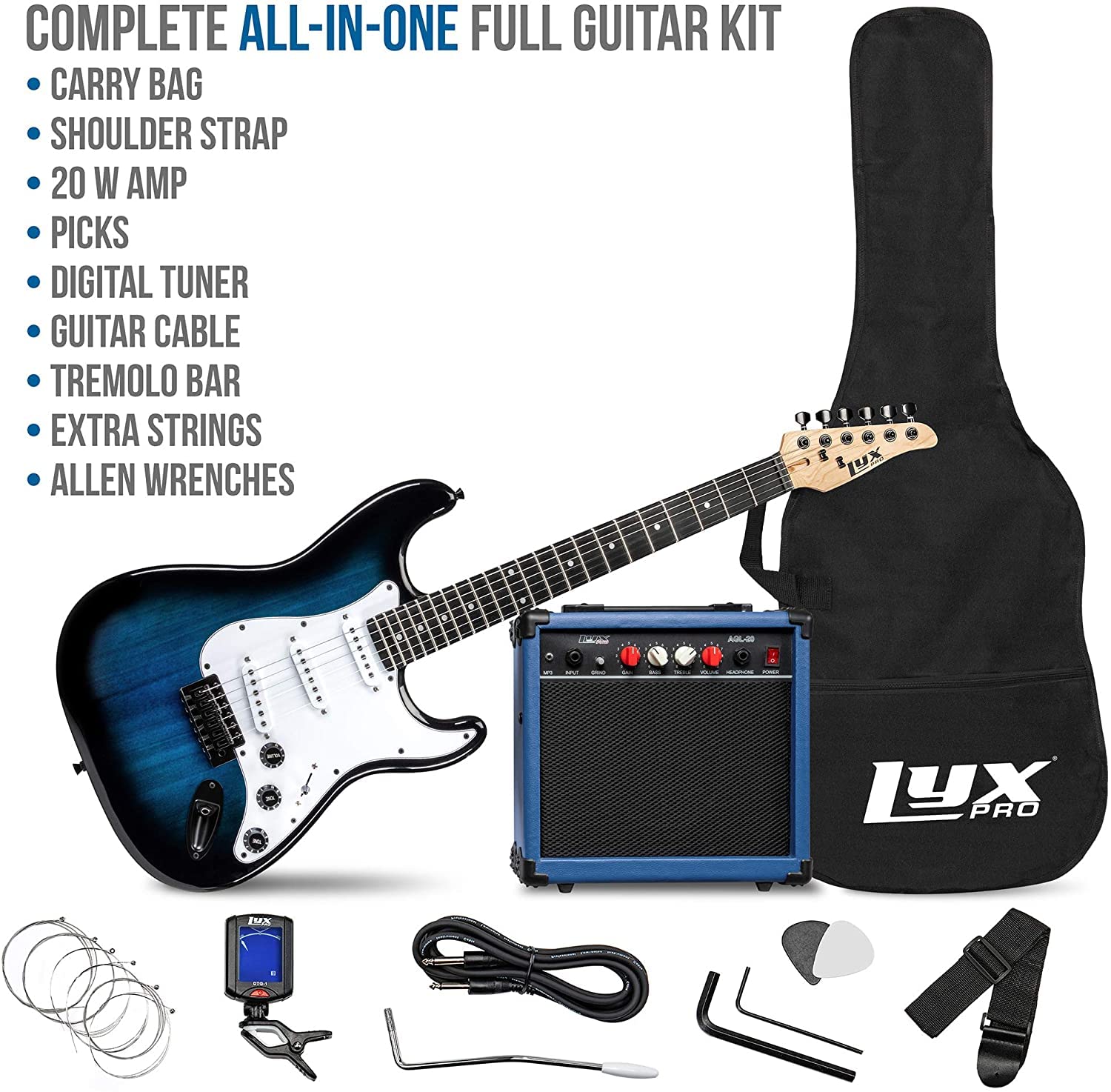 LyxPro Full Size Electric Guitar Blue with 20w Amp Package with All Accessories, Mackie Producer 2-2 Audio/Midi interface With Music Production Software Download and Professional Headphones