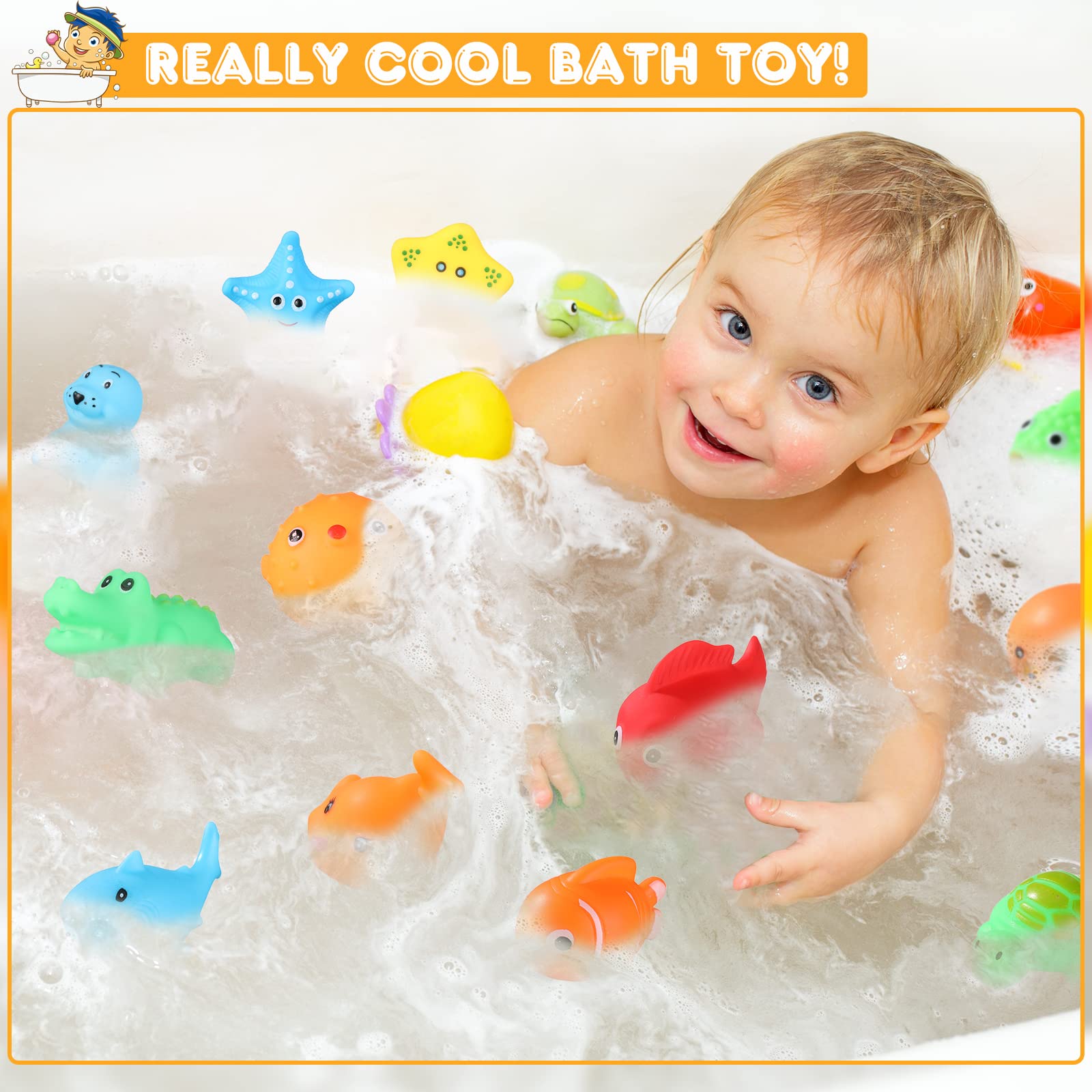 50 Pcs Baby Bath Toys Bulk Infant Bath Toys Water Float Squeak Rubber Animal Toys Bathtub Pool Toy for Toddlers Kids Bath Time Shower Party Favors Birthday Gifts, Random Style