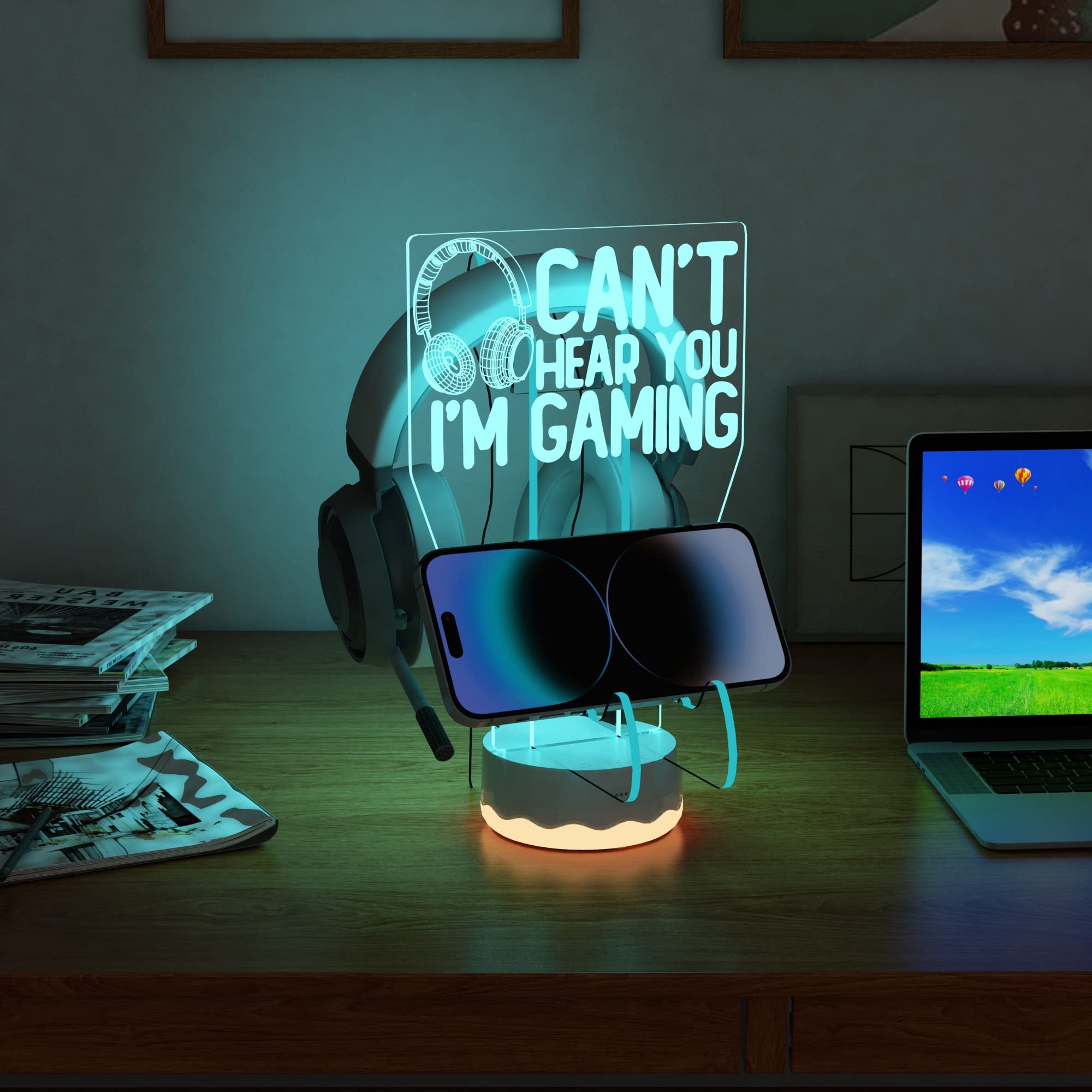 Headphone Controller Stand Light up, 16 Colors 3D LED Lights Headset Gamepad Holder, Game Controller Hanger for All Universal Gaming PC Accessories