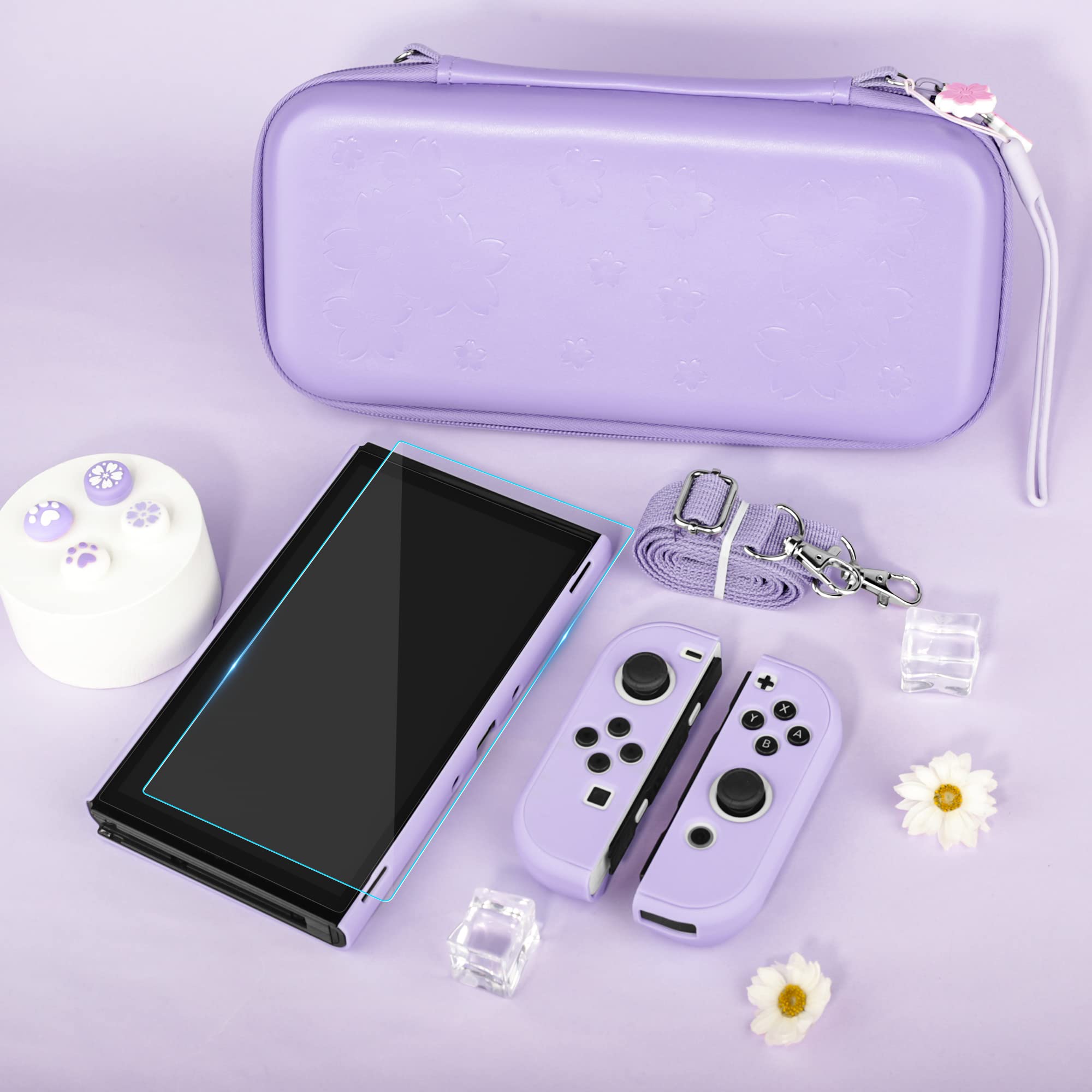 FANPL Case bundle for Nintendo Switch OLED Accessories, Carrying Case for Switch OLED and Joy Con Controller with Hard Flip Protective Case and Screen protector, 4 Thumb Grips, Shoulder Strap (Purple)