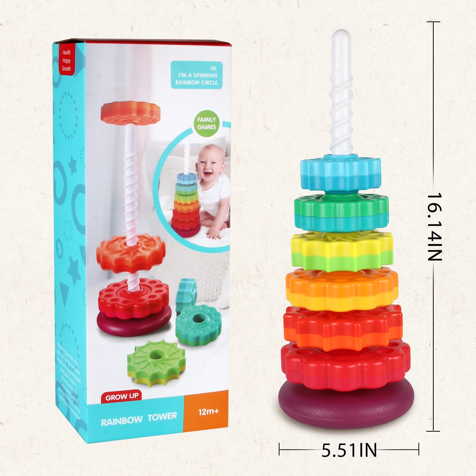 JUXUE Spinning Toy, Rainbow Stacking Toys for Toddlers 1-3, Ring Stacker Baby Toys 6 to 12 Months, 1 One Year Old Girl Boy Christmas Birthday Gifts, Montessori Autism Sensory Toy