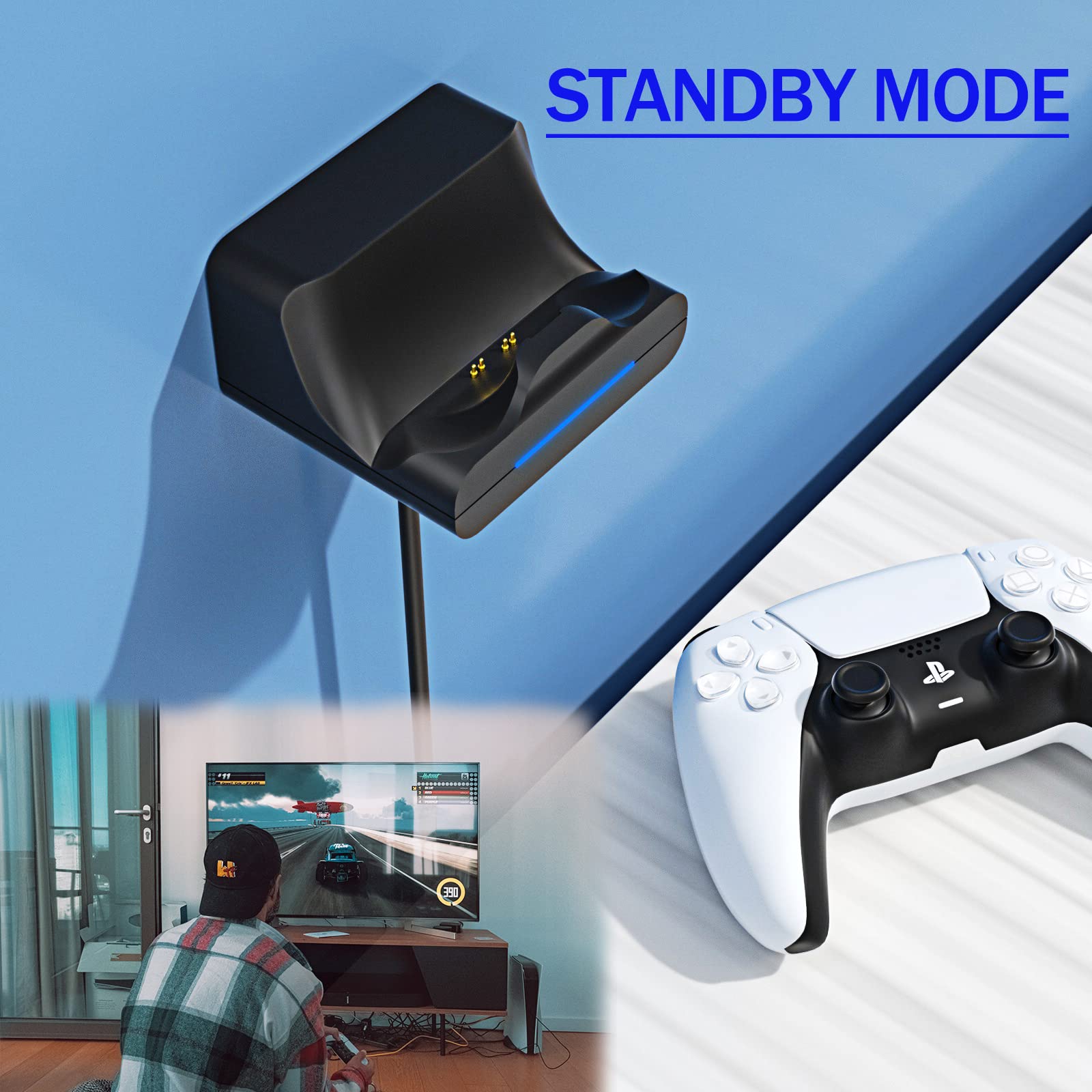 REEYEAR 2 Pack PS5 Controller Wall Mount Charger Dock,Charging Station Holder fits for Midnight Black PS5 Wireless Controller with LED Indicators Fast Charging Speed Cable,Space Saving