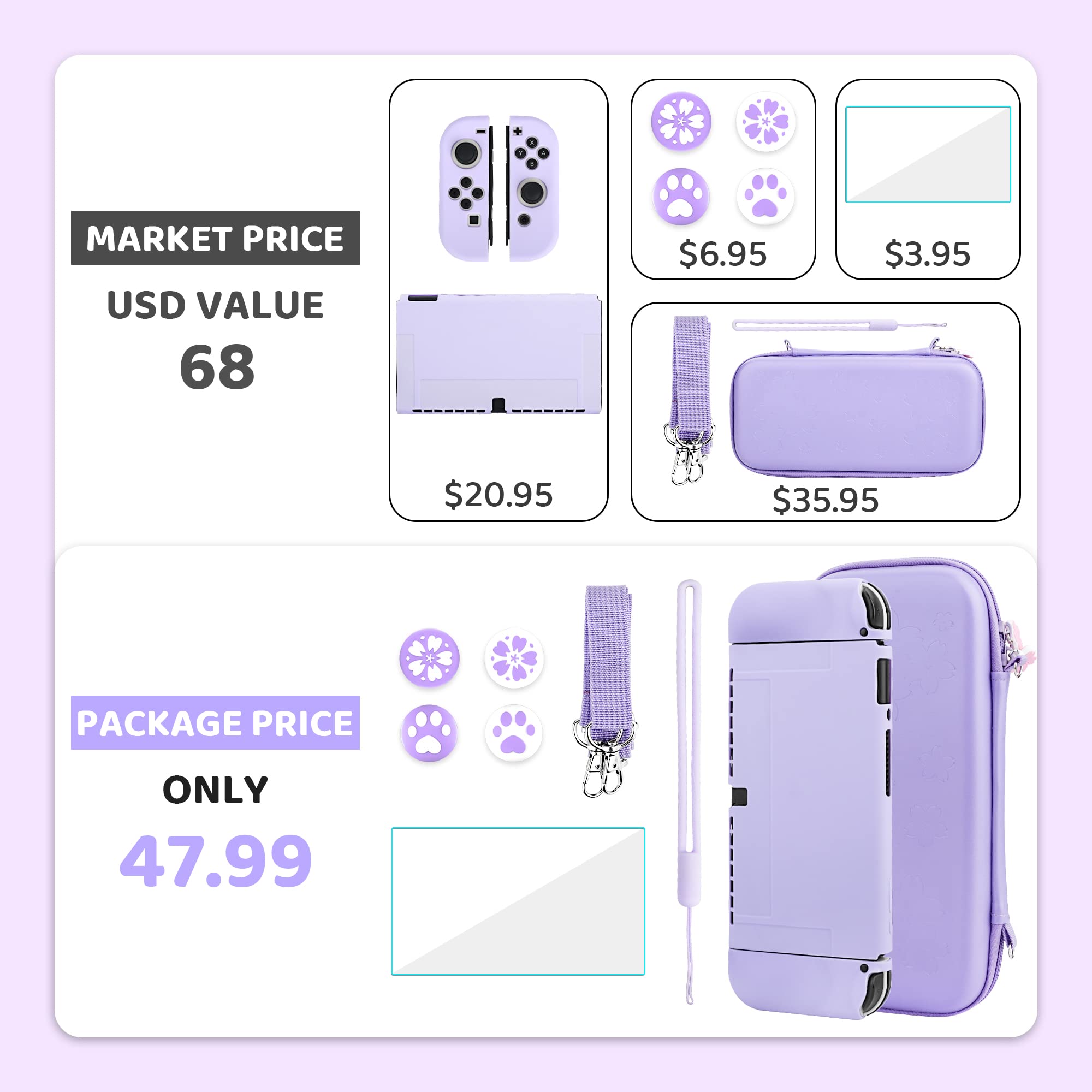 GLDRAM Purple Sakura Carrying Case for Nintendo Switch OLED Console & J-Con, 9 in 1 Accessories Bundle for Girls with Portable PU Travel Case & Silicon Switch OLED Protective Skin Cover