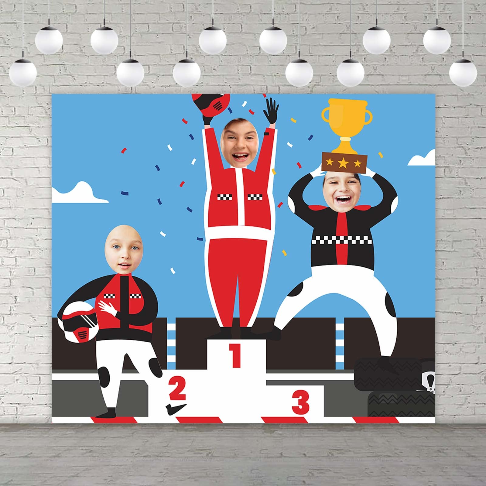 F1 Race Car Trophy Podium Banner Backdrop Background Pretend Play Party Game Racing Car Sports Checkered Flag Theme Decor for Boys Teen Birthday Party Baby Shower Favors Supplies Decorations