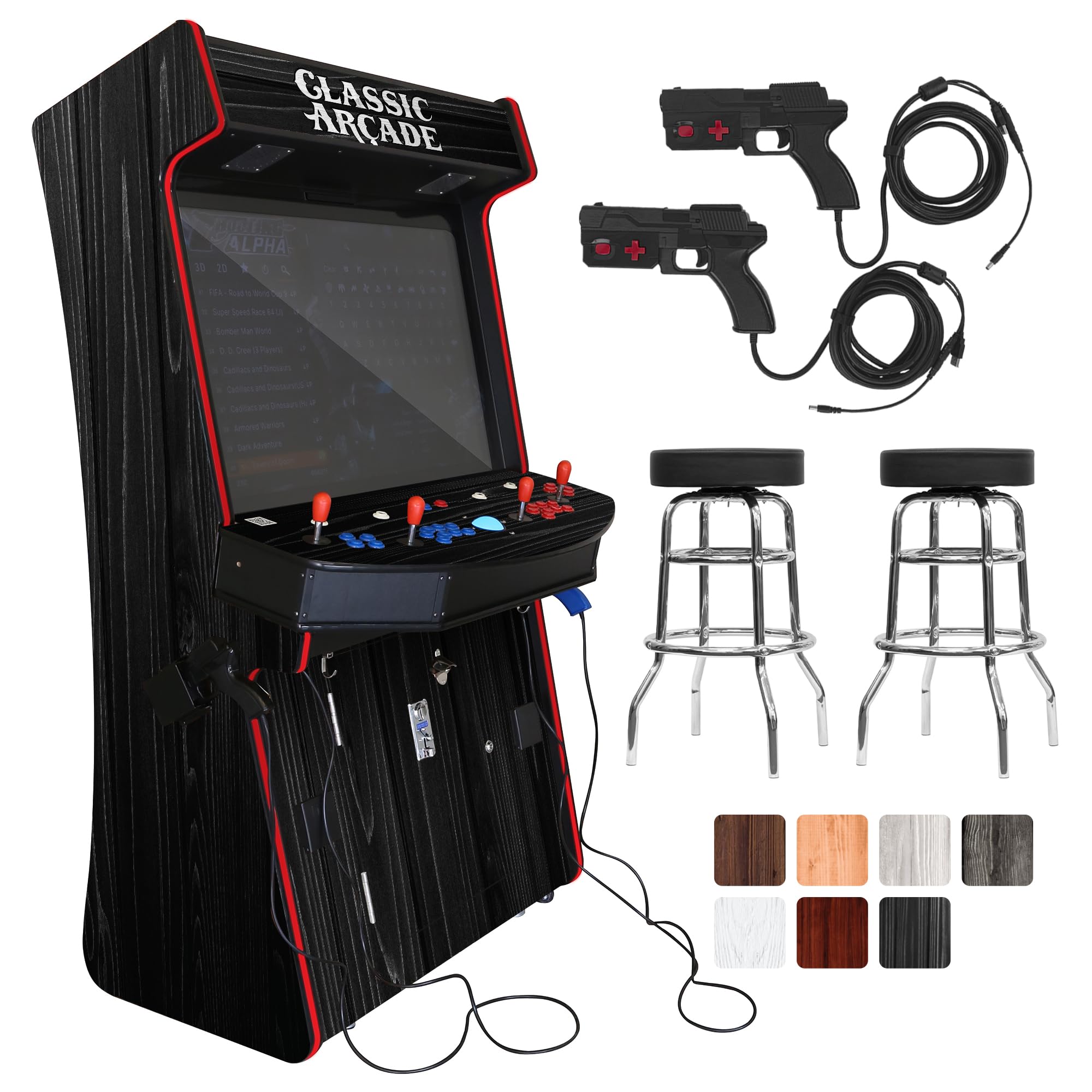 Creative Arcades Full-Size Commercial TR2 Classic Slimline Arcade Machine, 2 Lightguns, Stand-up Arcade 4 Player 43" LCD HD Monitor 9043 Games, Trackball, LED Trim, 2 Tall Stools