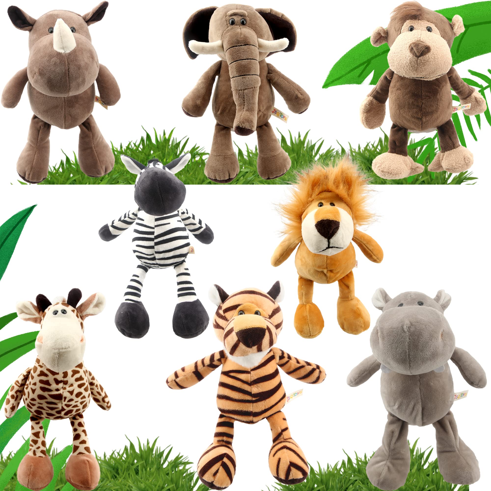 Haconba 8 Pieces 11 Inch Jungle Animal Plush Toys Plush Lion Elephant Zebra Giraffe Tiger Monkey Rhino Hippopotamus Safari Stuffed Animals Set for Jungle Safari Zoo Theme Parties