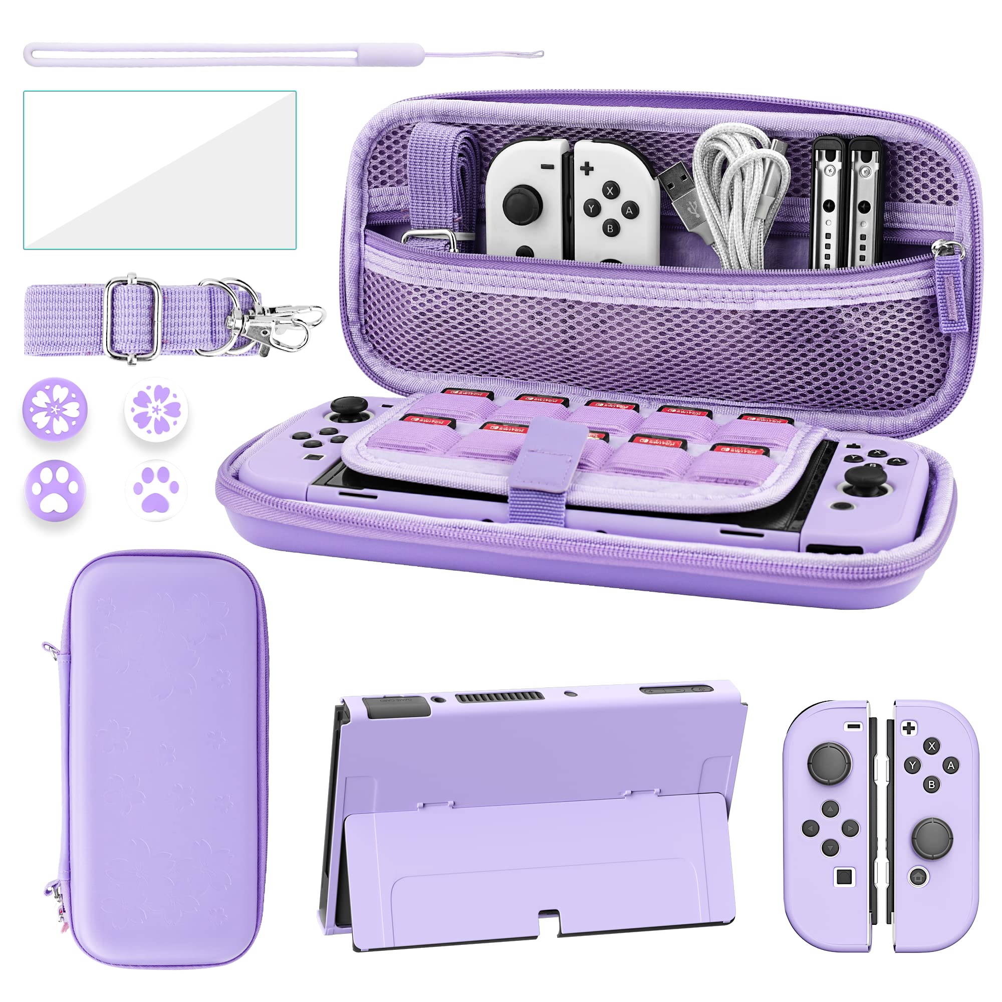 FANPL Case bundle for Nintendo Switch OLED Accessories, Carrying Case for Switch OLED and Joy Con Controller with Hard Flip Protective Case and Screen protector, 4 Thumb Grips, Shoulder Strap (Purple)