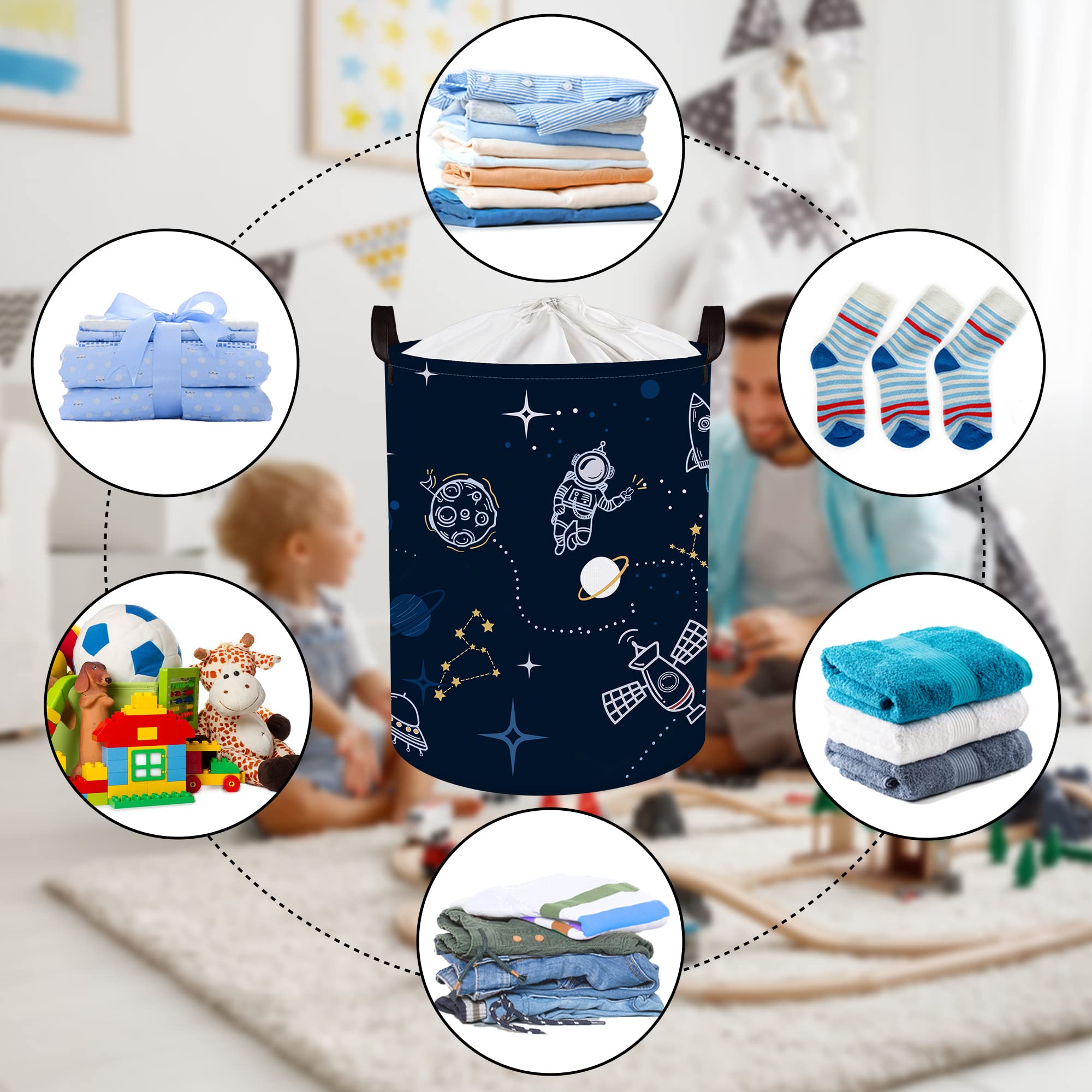 Clastyle 45L Spaceships Rocket Astronaut Nursery Hamper Outer Space Planet Clothes Toys Storage Basket with Drawstring