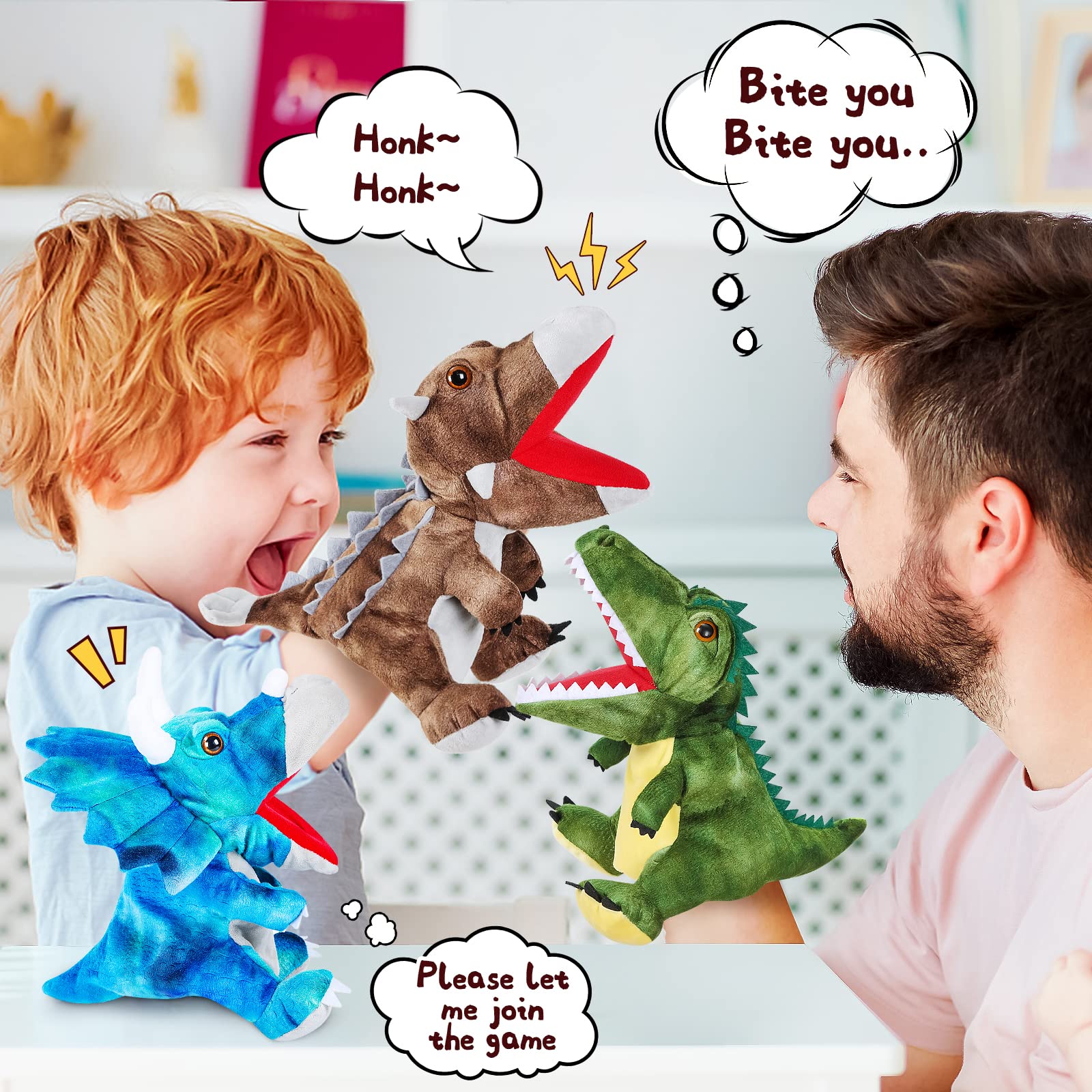 3Pcs Dinosaurs Plush Toys, Dinosaur Hand Puppets Kids Toys,Stuffed Animals Plush Toys Interactive Games for Boys Girls Age 4 5 6 7 8