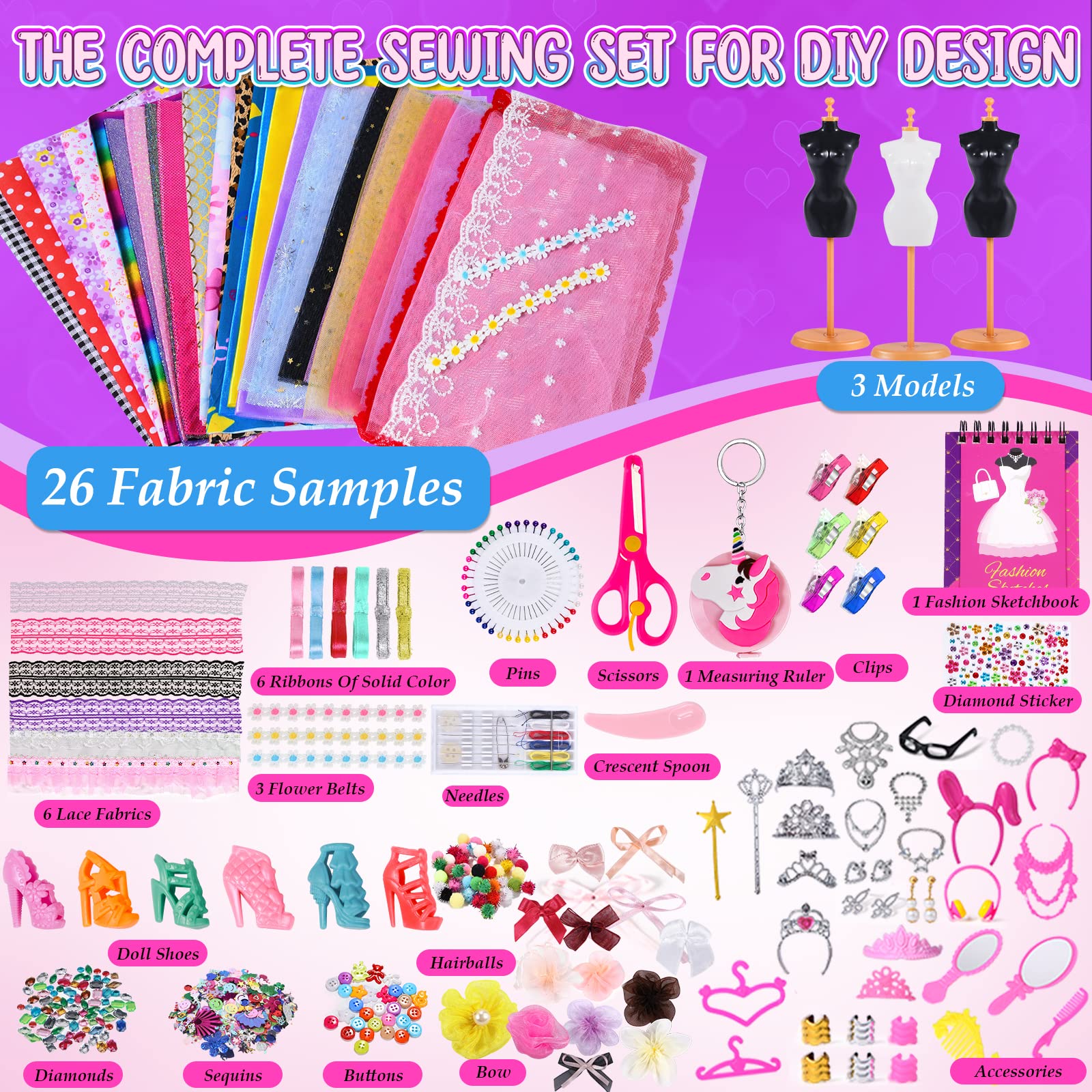 B Bascolor Girls Fashion Design Kids Sewing Craft Kit for Making 60 Pack Doll Cloth Accessories Dress Up, Art Crafts for Girl Ages 8-12+ Preteen Designer Creativity DIY Toy Christmas Birthday Gift