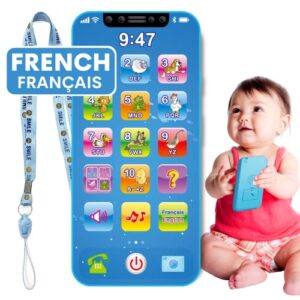 zeenkind baby phone toy english & french learning for toddlers 1 2 3 years old, learn french francais abc numbers animal sounds, interactive bilingual cellphone toy for kids, blue