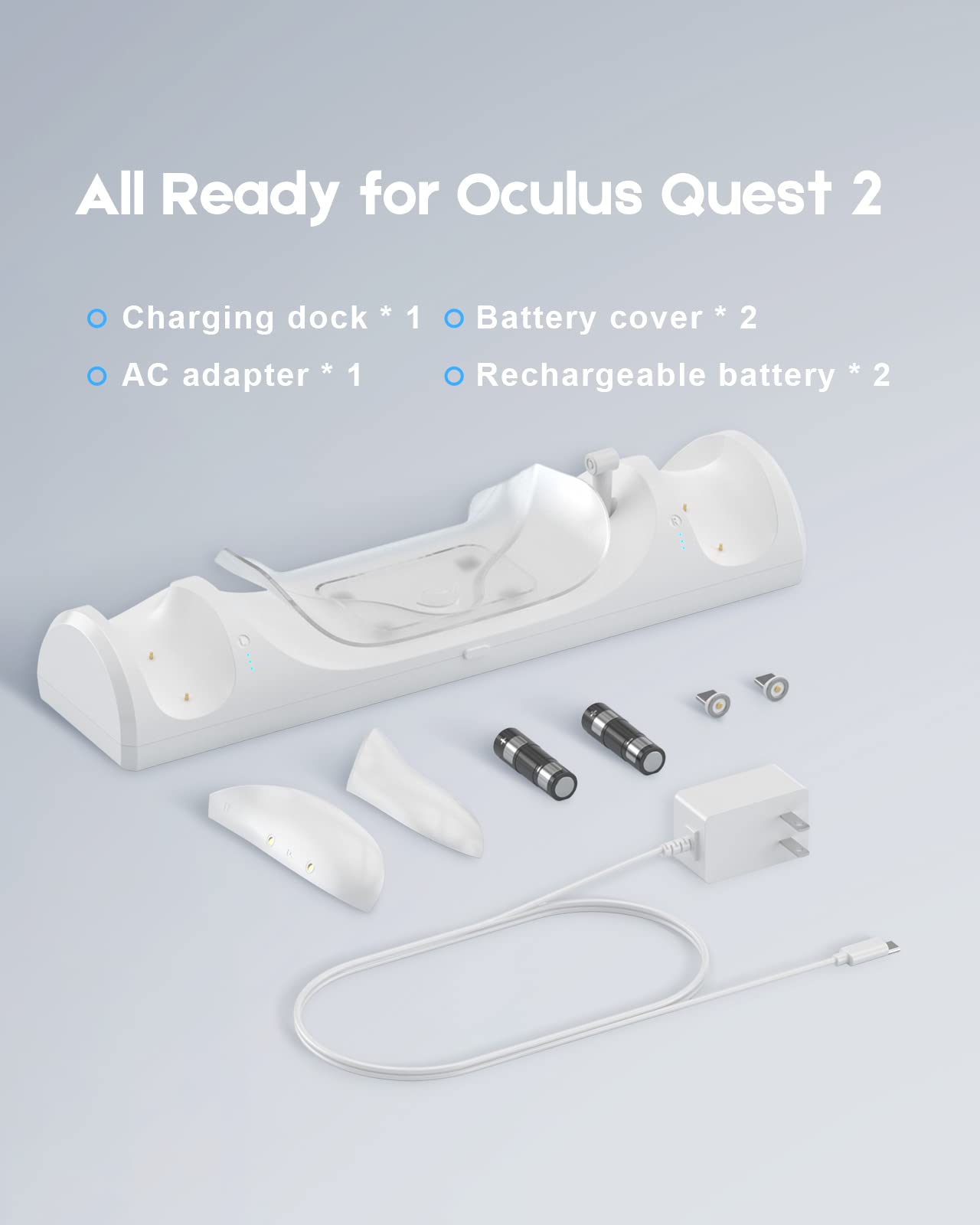 BINBOK VR Charging Dock for Meta Quest 2 with LED Light, Magnetic Charging Station for Oculus Quest 2 VR Headset and Touch Controllers, with 2 Rechargeable Batteries/Type-C Charger Cable