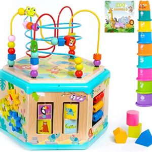 Pidoko Kids Wooden Activity Cube with 2 Tops - Montessori Center Birthday Gifts for 18 Months + Year Old Toddlers - Developmental Learning Baby Girl Boy Toys - Educational Bead Maze Set and Zoo Book